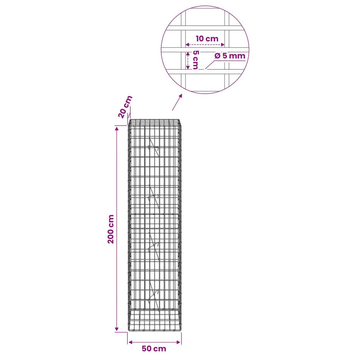 Gabion with 5 mm Wire and 5x10 cm Mesh 50x20x200 cm