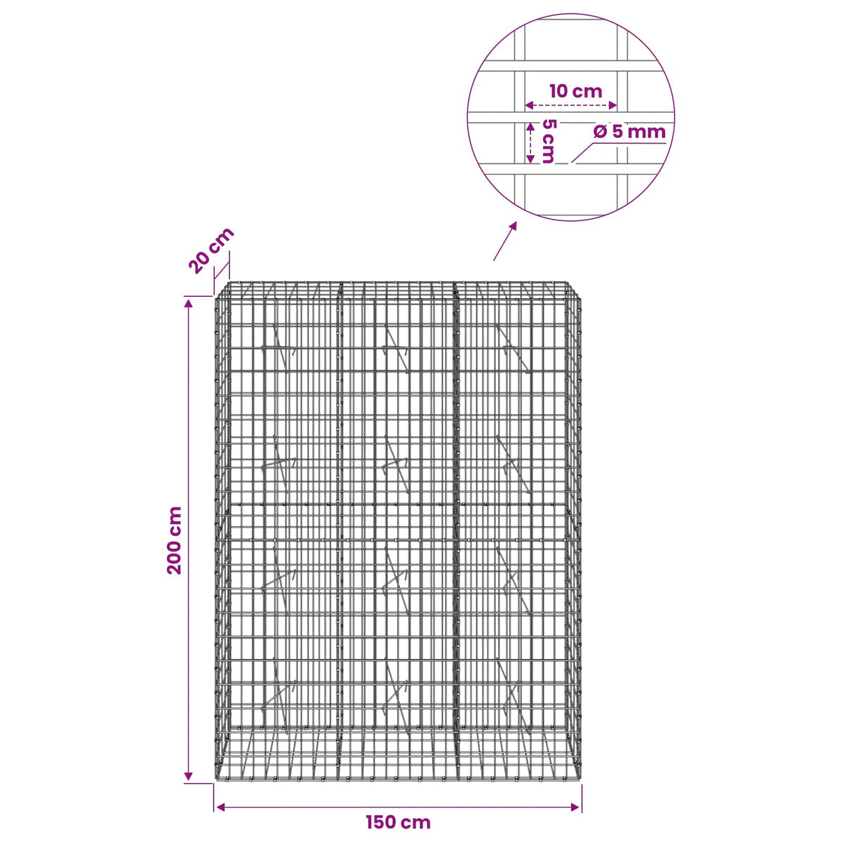 Gabion with 5 mm Wire and 5x10 cm Mesh 150x20x200 cm