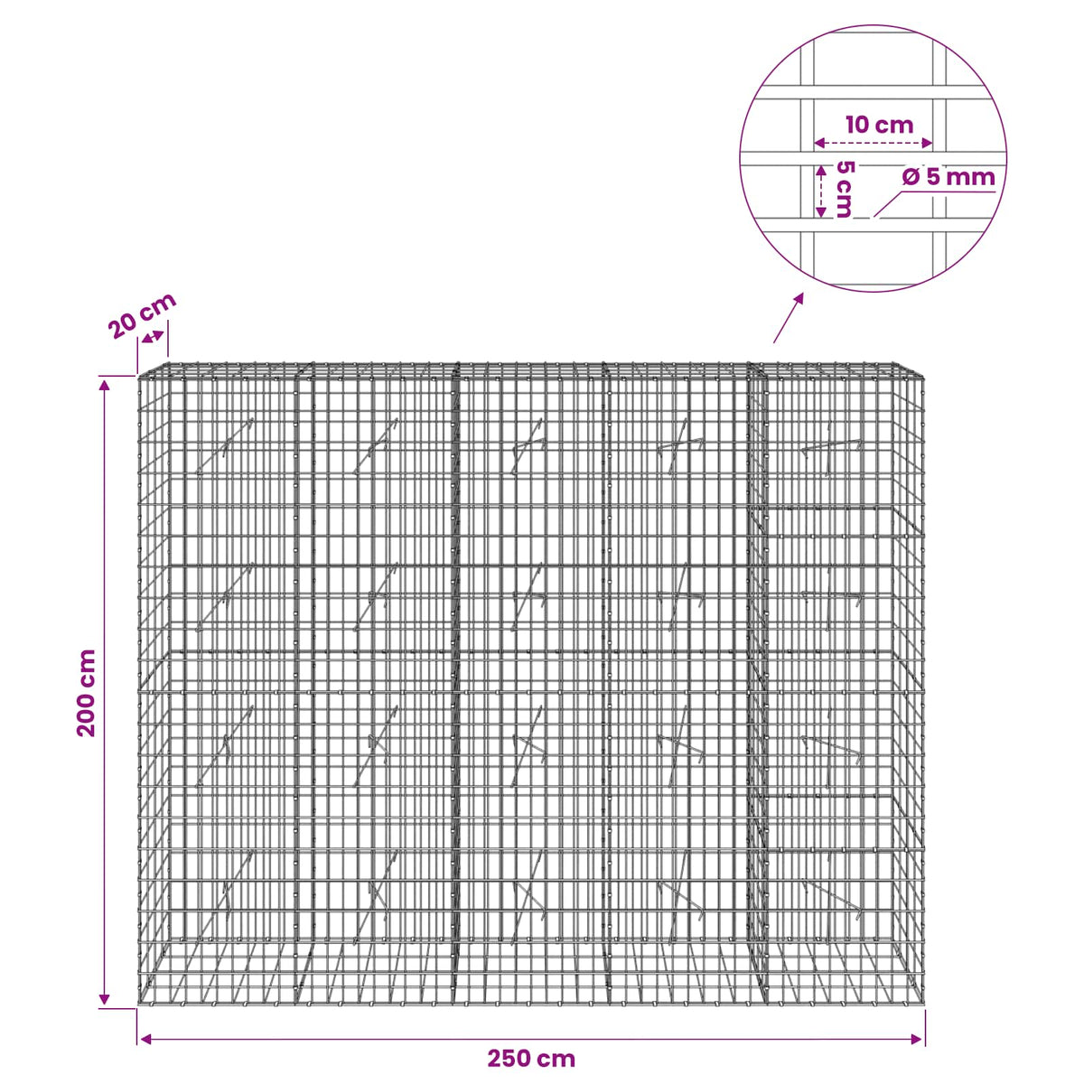 Gabion with 5 mm Wire and 5x10 cm Mesh 250x20x200 cm