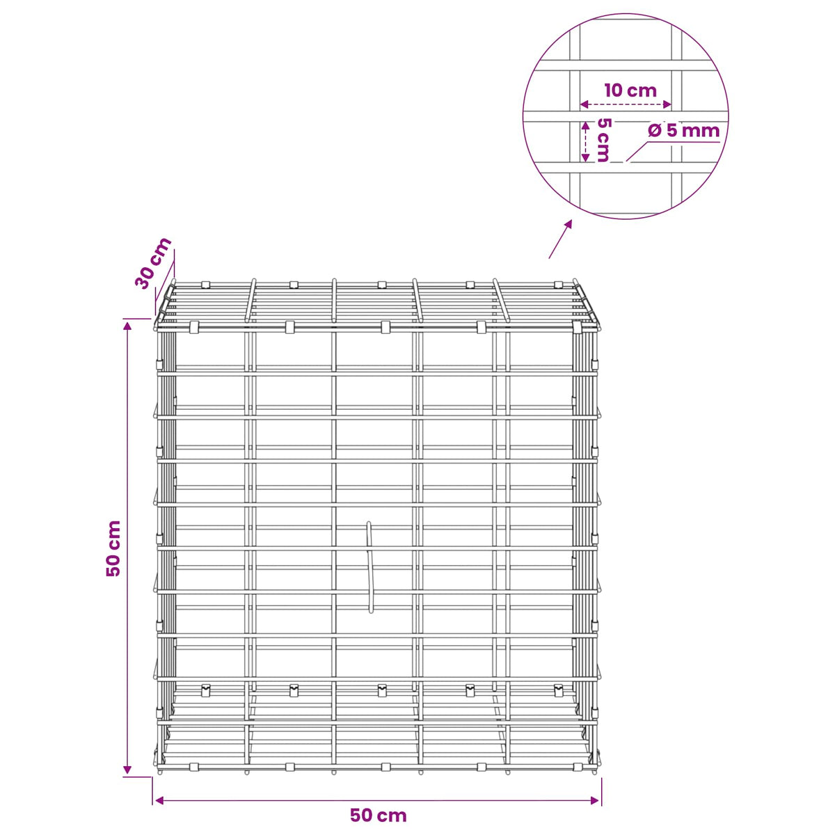 Gabion with 5 mm Wire and 5x10 cm Mesh 50x30x50 cm