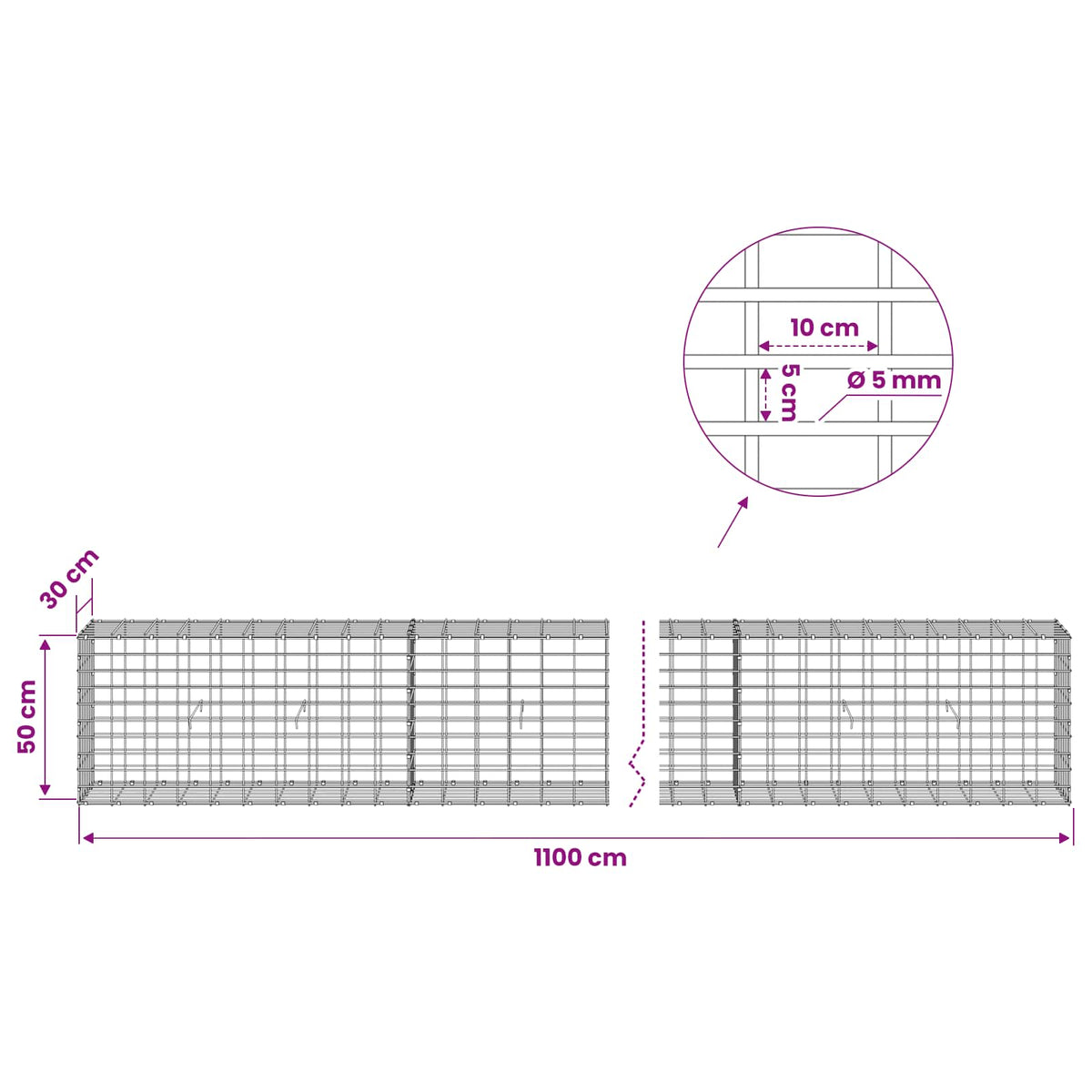 Gabion with 5 mm Wire and 5x10 cm Mesh 1100x30x50 cm