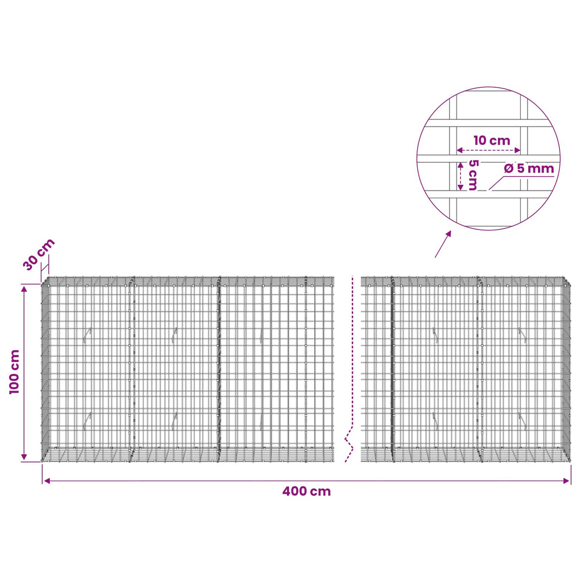Gabion with 5 mm Wire and 5x10 cm Mesh 400x30x100 cm