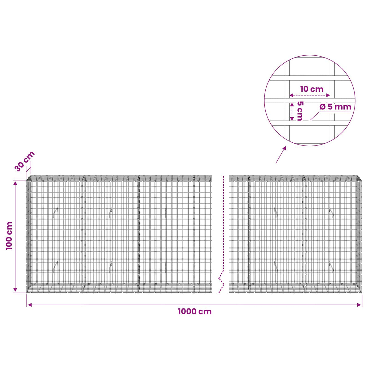 Gabion with 5 mm Wire and 5x10 cm Mesh 1000x30x100 cm