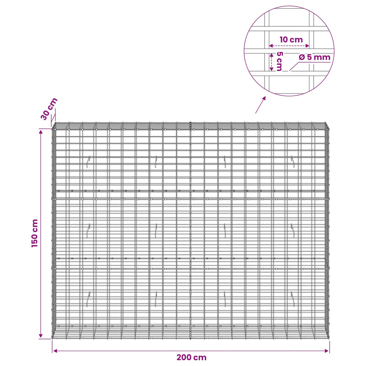 Gabion with 5 mm Wire and 5x10 cm Mesh 200x30x150 cm