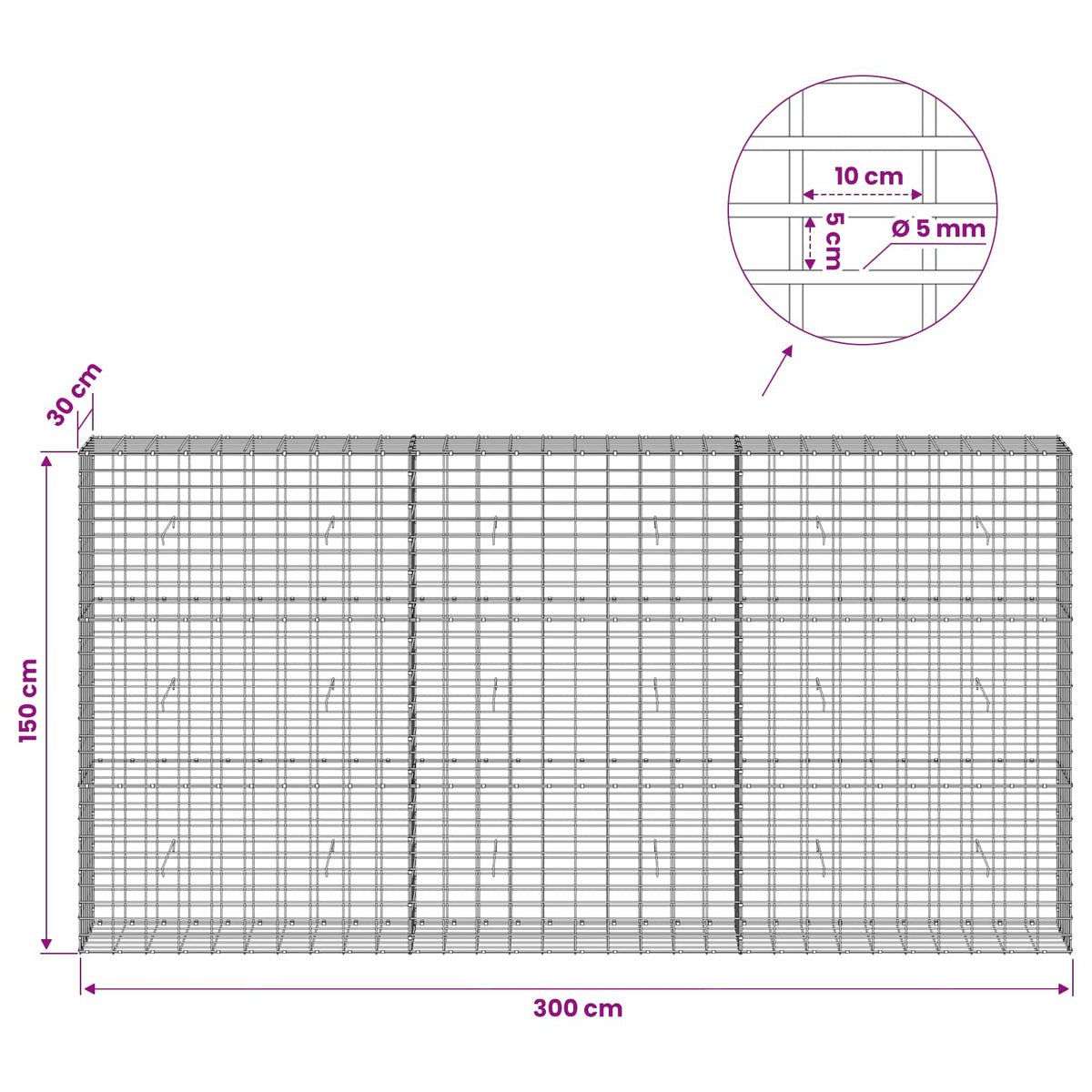 Gabion with 5 mm Wire and 5x10 cm Mesh 300x30x150 cm