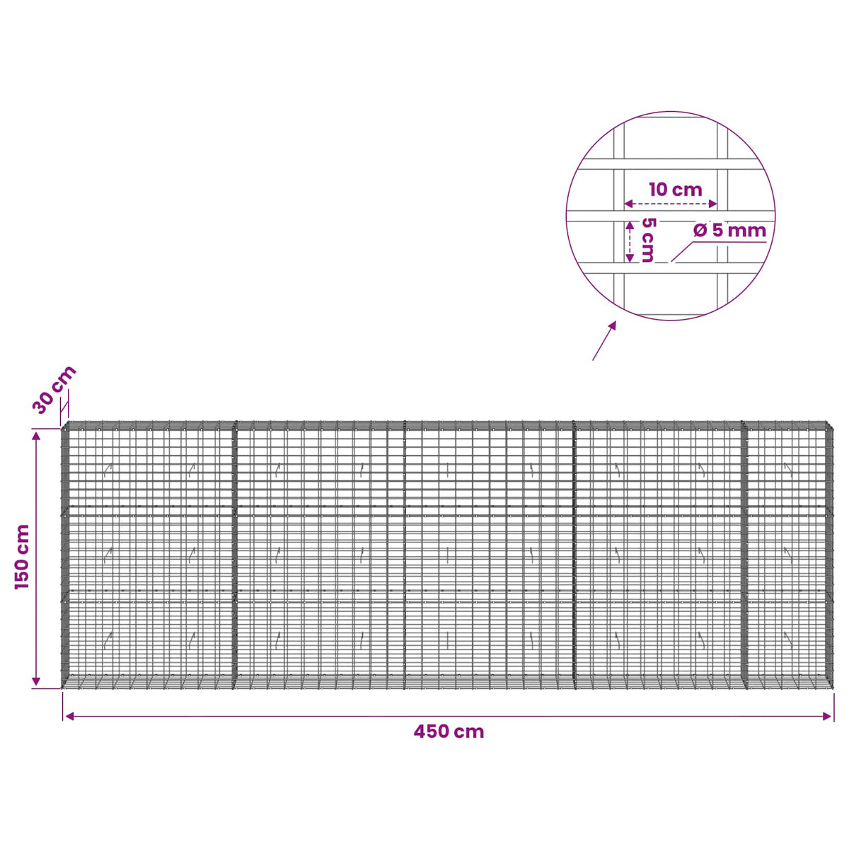 Gabion with 5 mm Wire and 5x10 cm Mesh 450x30x150 cm