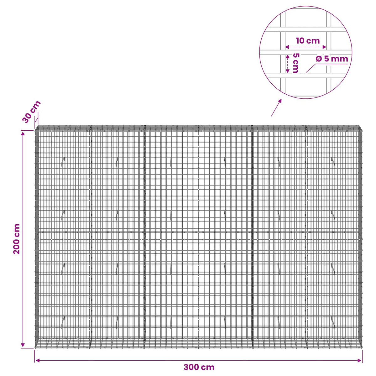 Gabion with 5 mm Wire and 5x10 cm Mesh 300x30x200 cm
