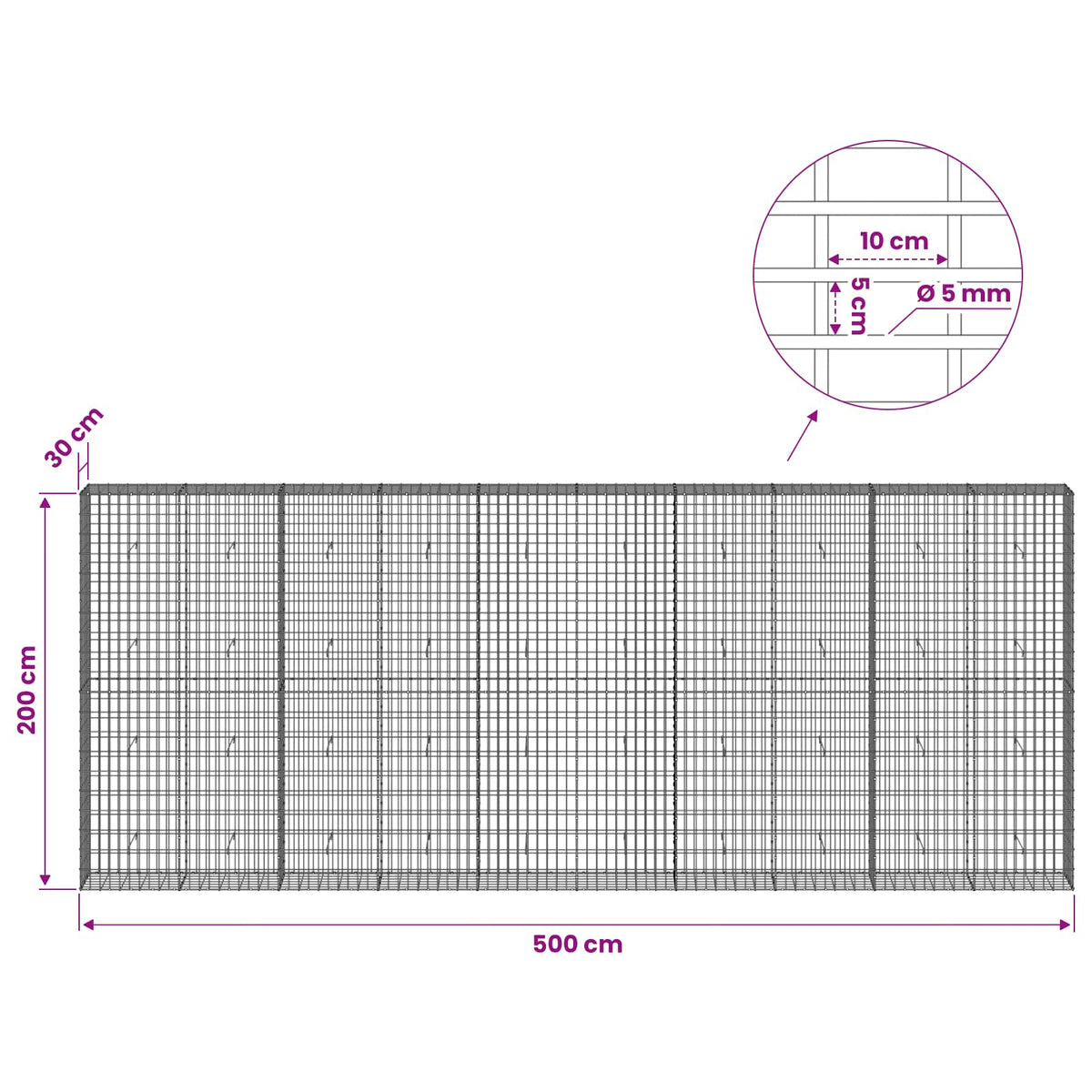 Gabion with 5 mm Wire and 5x10 cm Mesh 500x30x200 cm