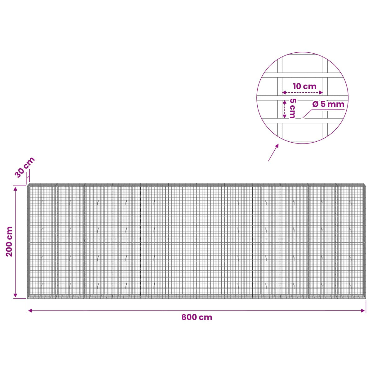 Gabion with 5 mm Wire and 5x10 cm Mesh 600x30x200 cm