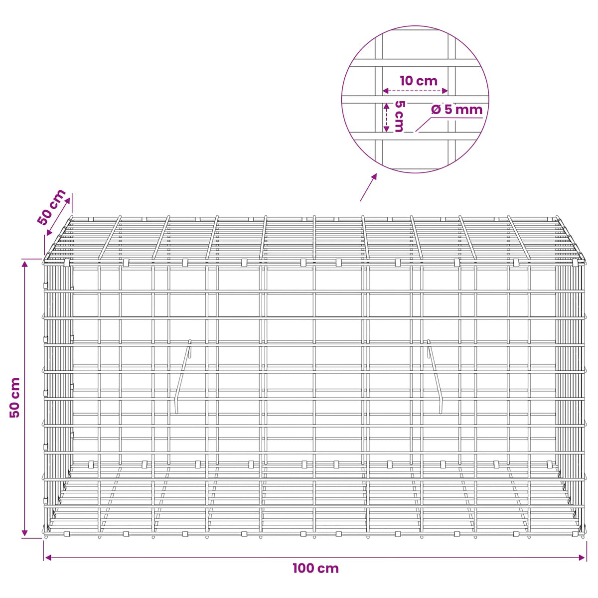 Gabion with 5 mm Wire and 5x10 cm Mesh 100x50x50 cm