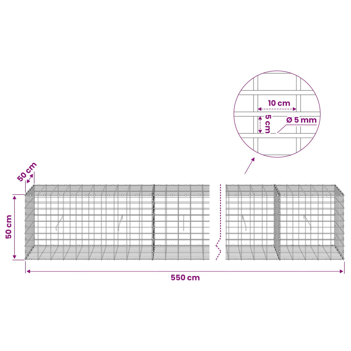 Gabion with 5 mm Wire and 5x10 cm Mesh 550x50x50 cm
