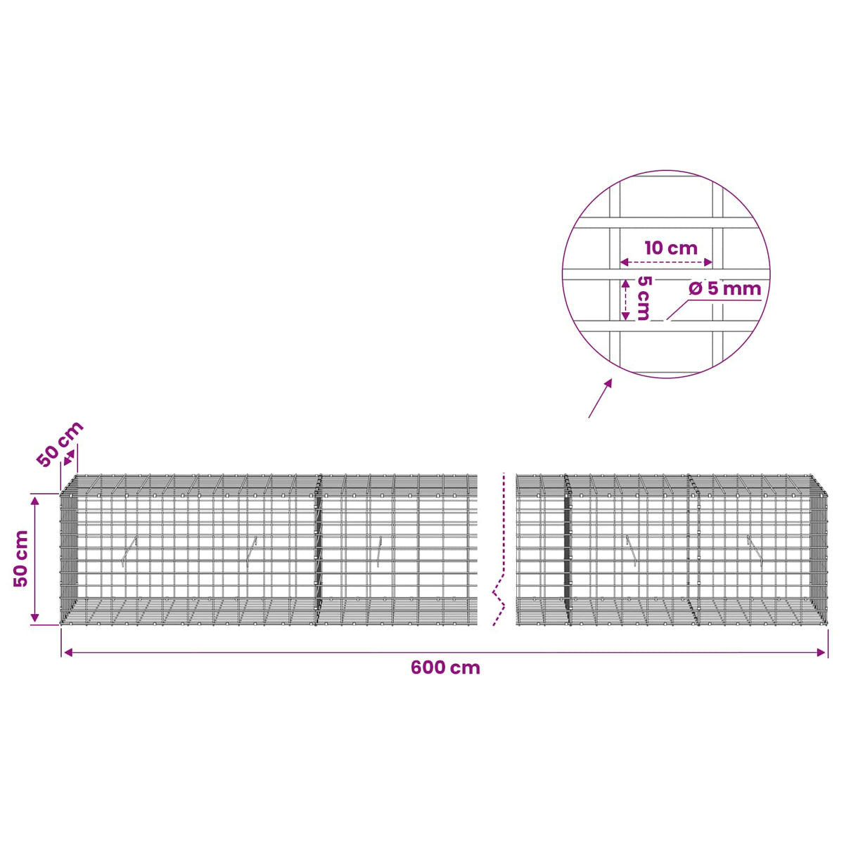 Gabion with 5 mm Wire and 5x10 cm Mesh 600x50x50 cm