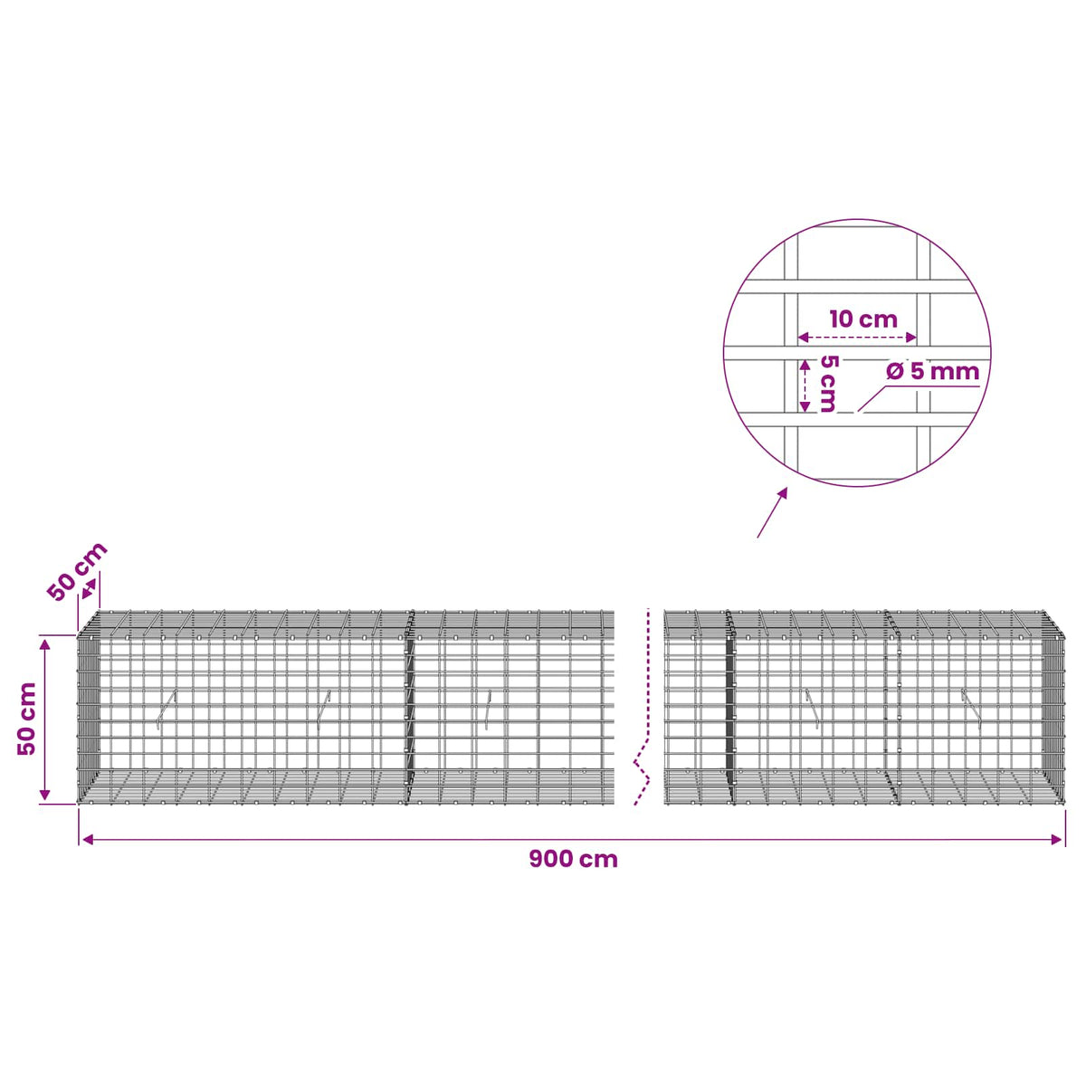 Gabion with 5 mm Wire and 5x10 cm Mesh 900x50x50 cm