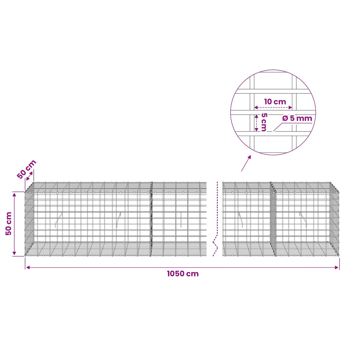 Gabion with 5 mm Wire and 5x10 cm Mesh 1050x50x50 cm