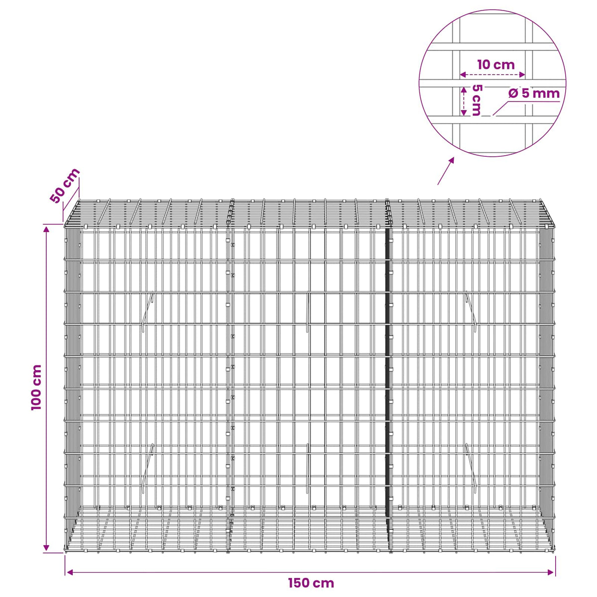 Gabion with 5 mm Wire and 5x10 cm Mesh 150x50x100 cm