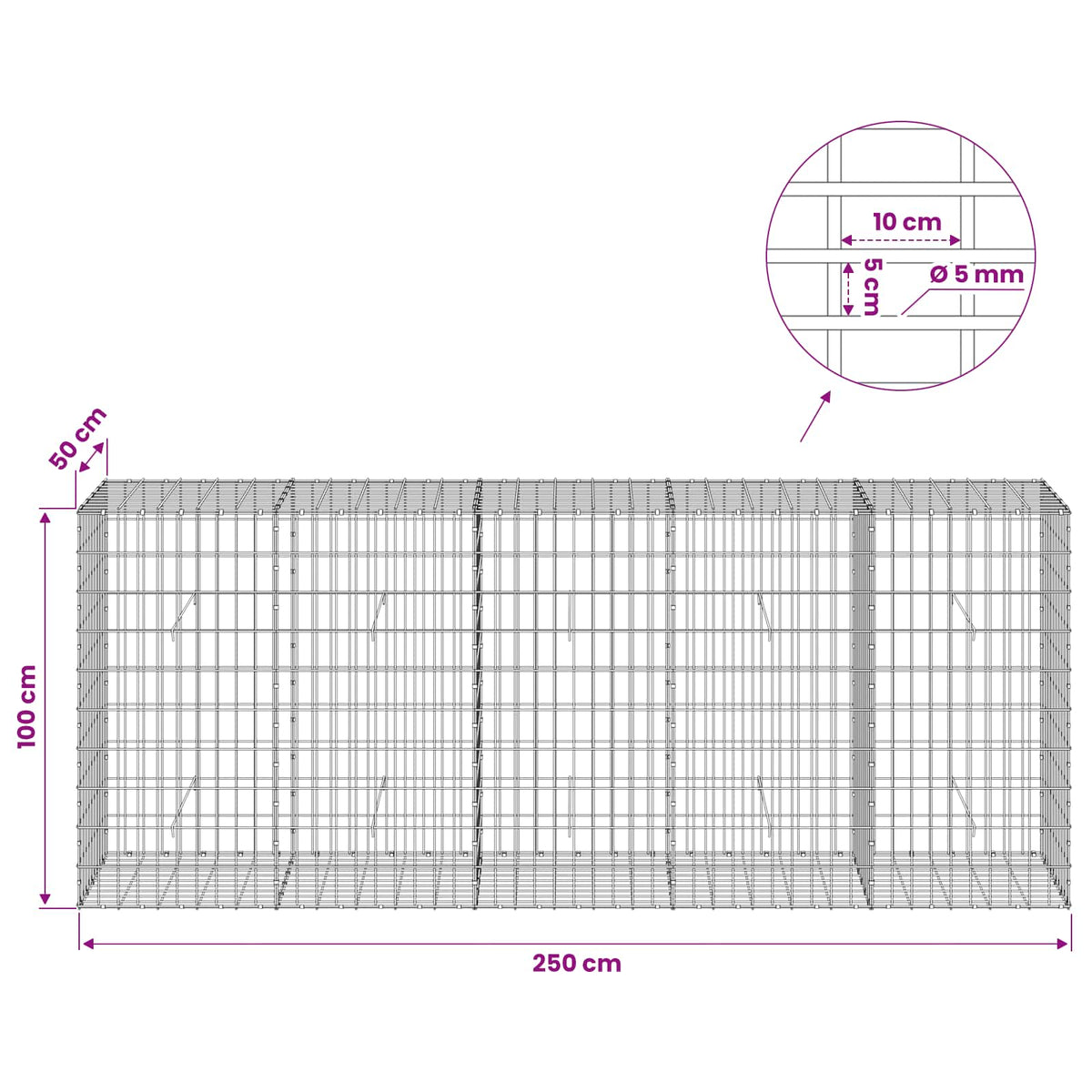 Gabion with 5 mm Wire and 5x10 cm Mesh 250x50x100 cm