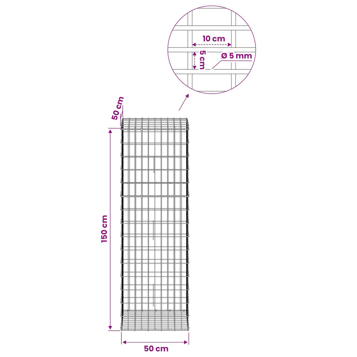 Gabion with 5 mm Wire and 5x10 cm Mesh 50x50x150 cm