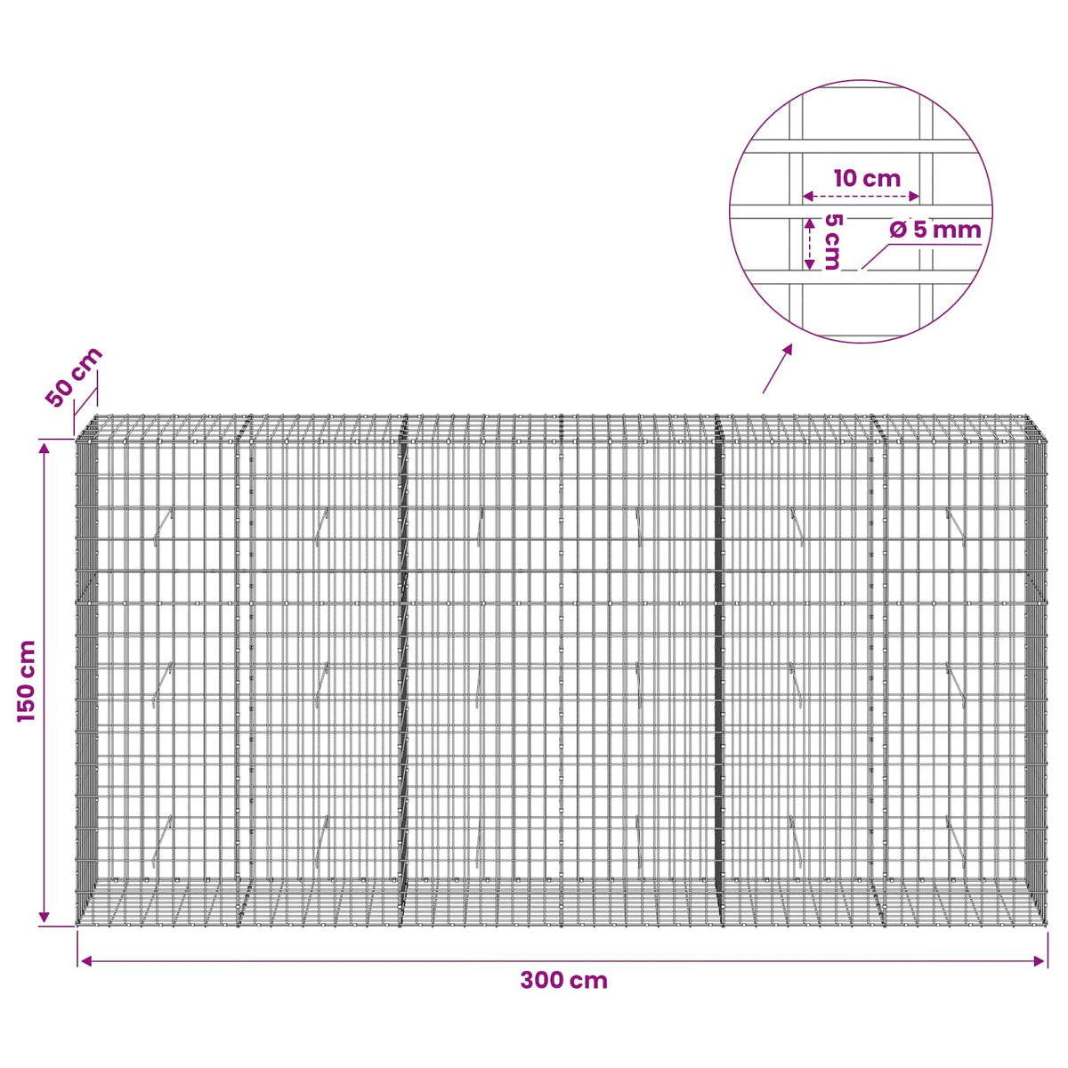 Gabion with 5 mm Wire and 5x10 cm Mesh 300x50x150 cm