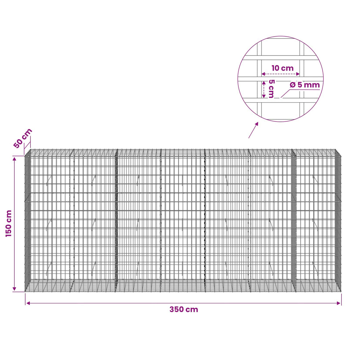 Gabion with 5 mm Wire and 5x10 cm Mesh 350x50x150 cm