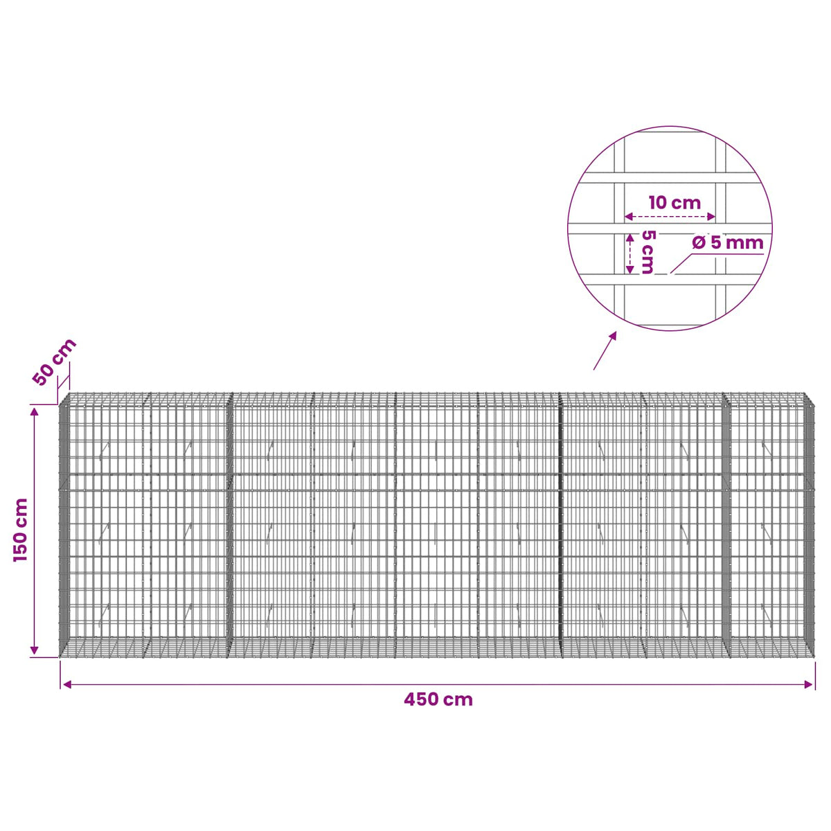 Gabion with 5 mm Wire and 5x10 cm Mesh 450x50x150 cm