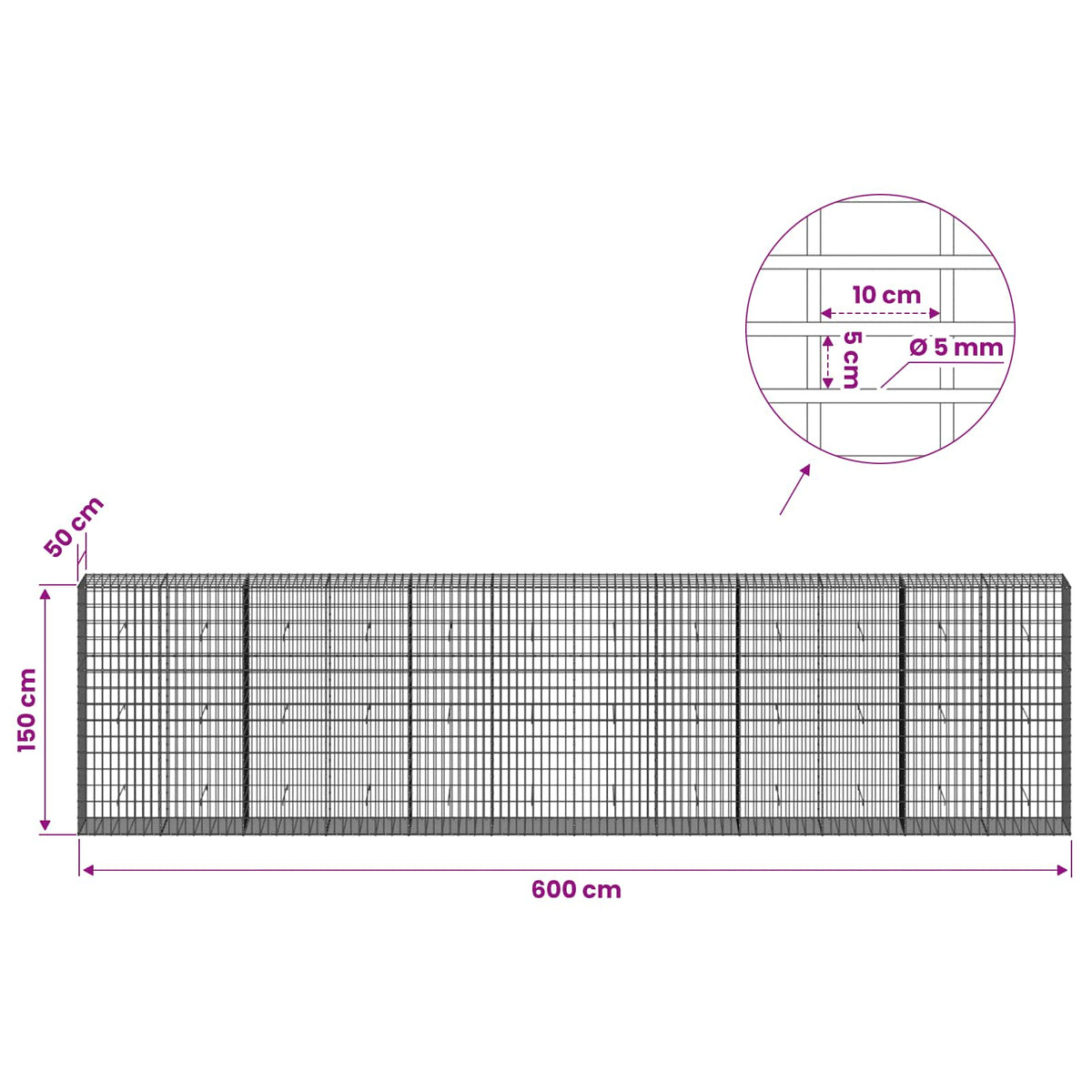 Gabion with 5 mm Wire and 5x10 cm Mesh 600x50x150 cm