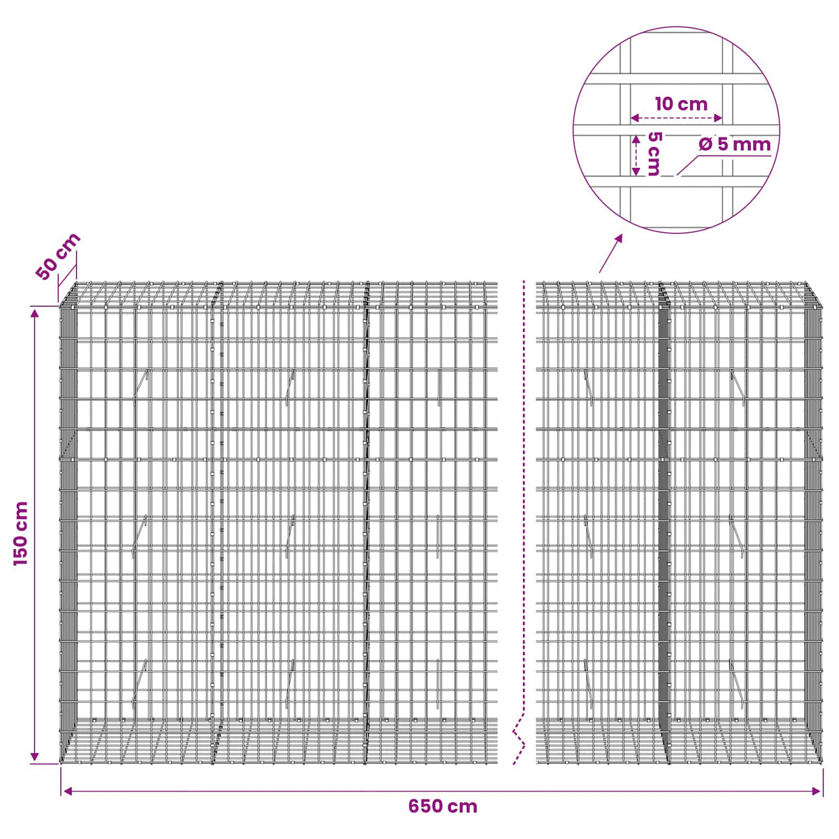 Gabion with 5 mm Wire and 5x10 cm Mesh 650x50x150 cm