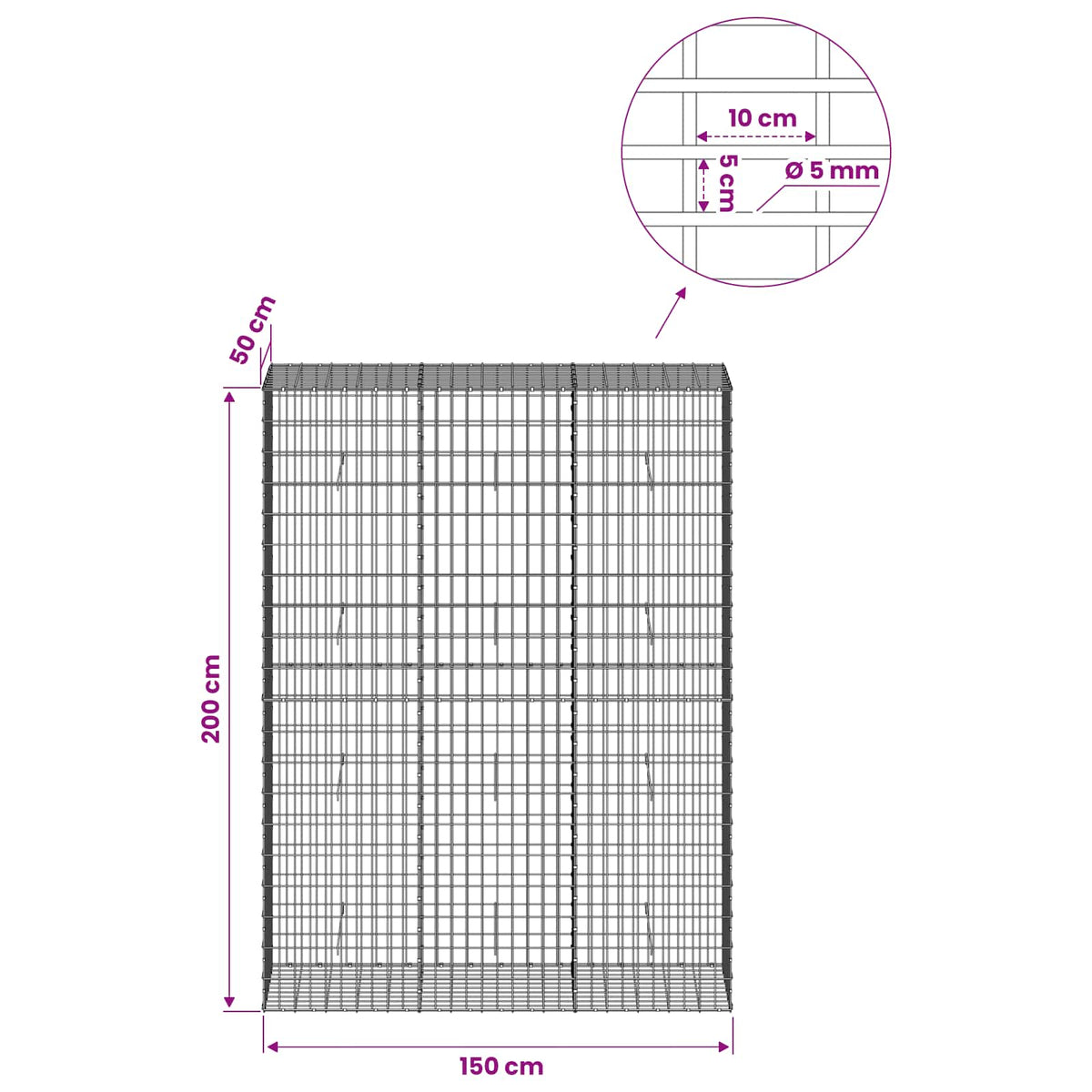Gabion with 5 mm Wire and 5x10 cm Mesh 150x50x200 cm