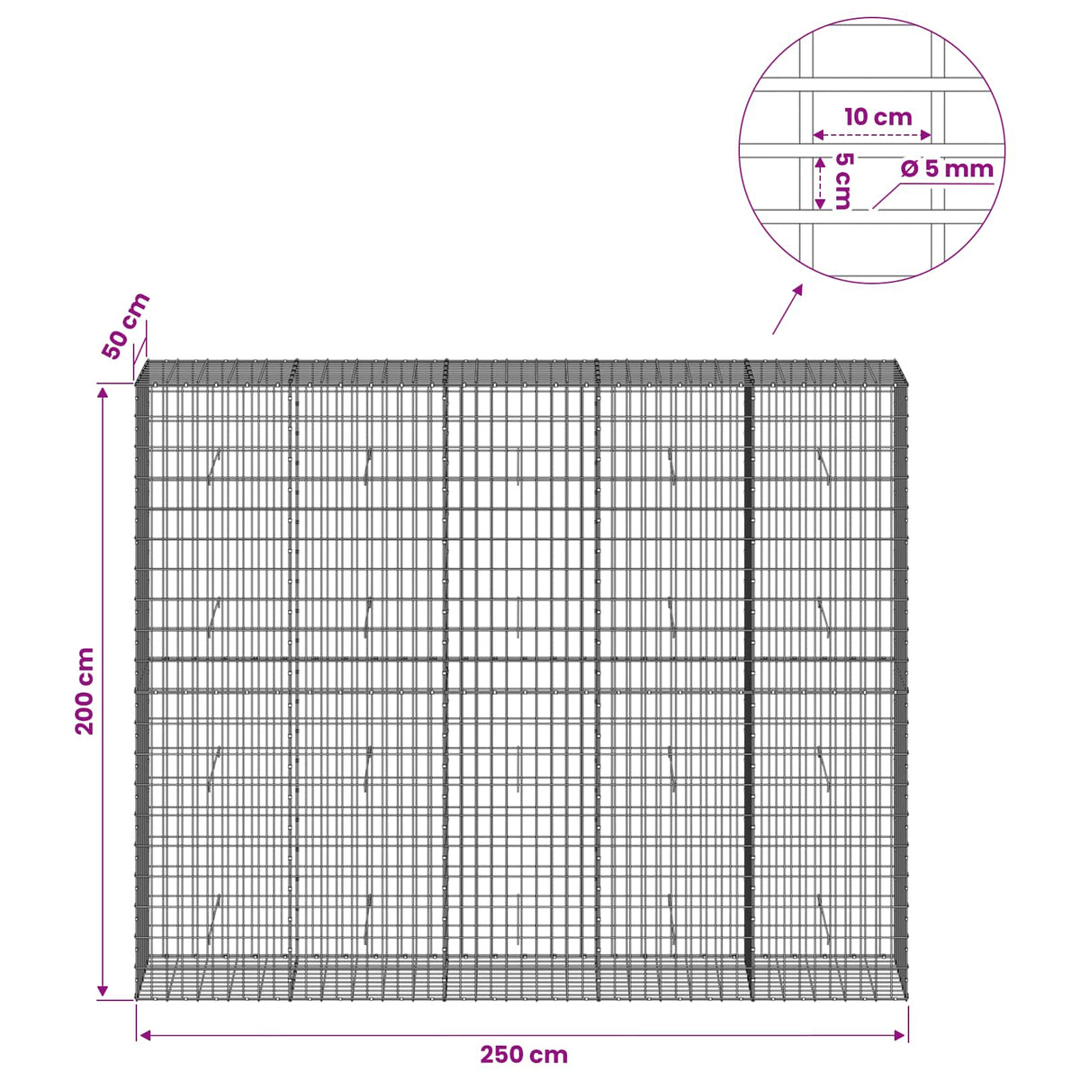 Gabion with 5 mm Wire and 5x10 cm Mesh 250x50x200 cm