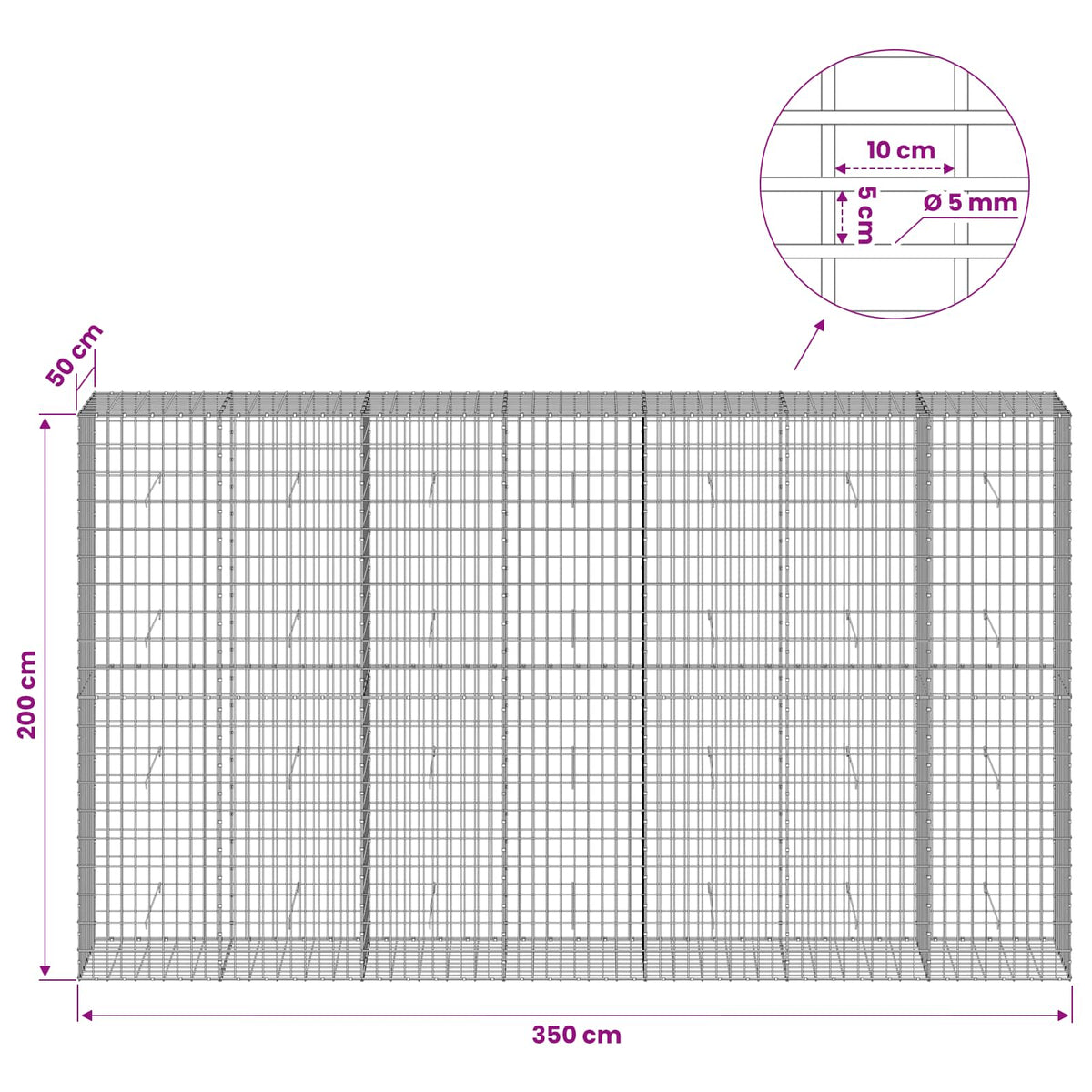 Gabion with 5 mm Wire and 5x10 cm Mesh 350x50x200 cm