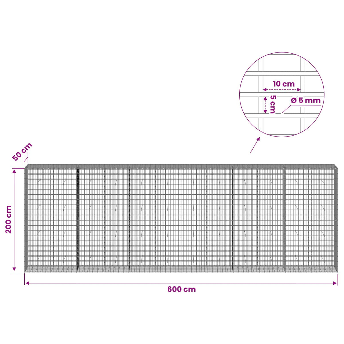 Gabion with 5 mm Wire and 5x10 cm Mesh 600x50x200 cm