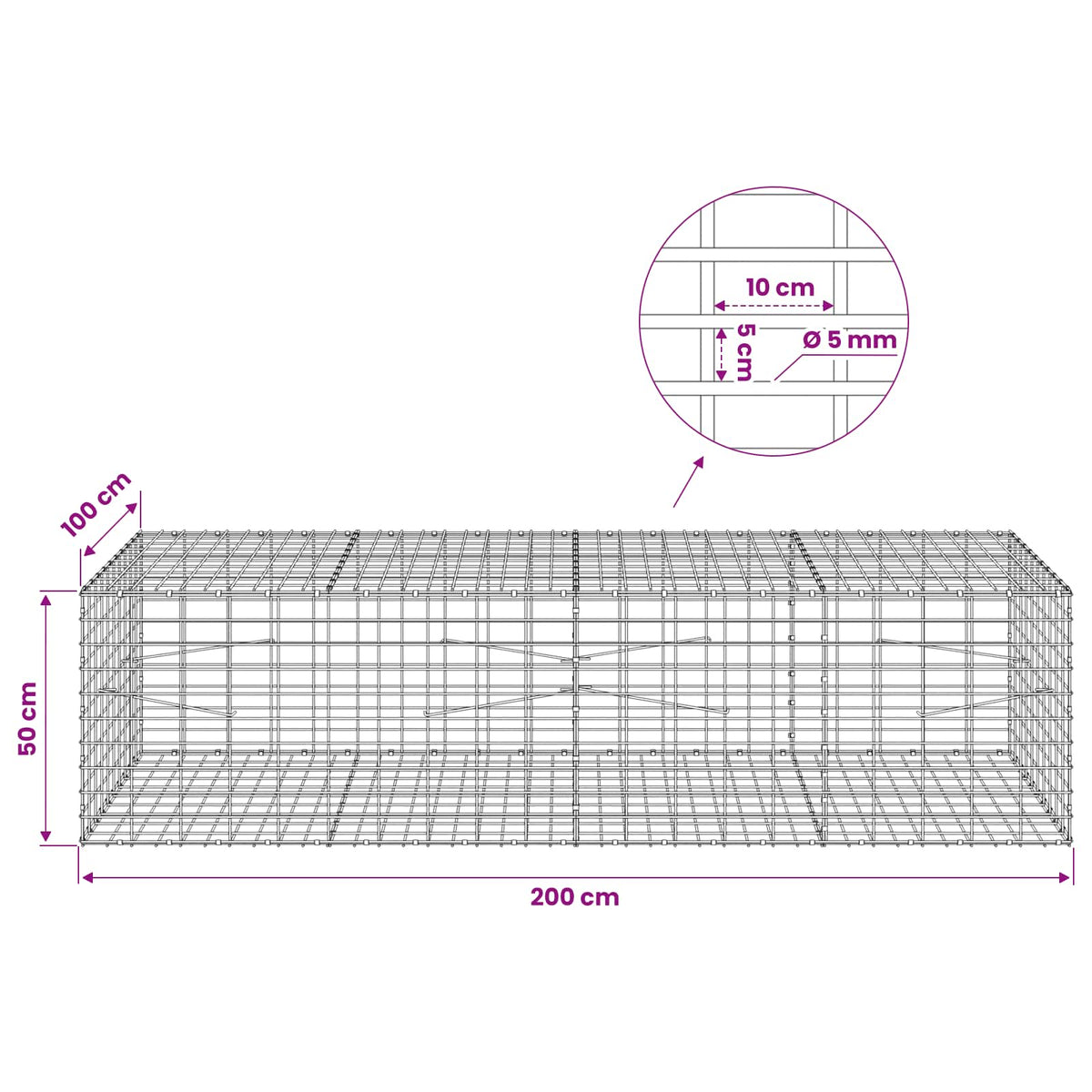 Gabion with 5 mm Wire and 5x10 cm Mesh 200x100x50 cm