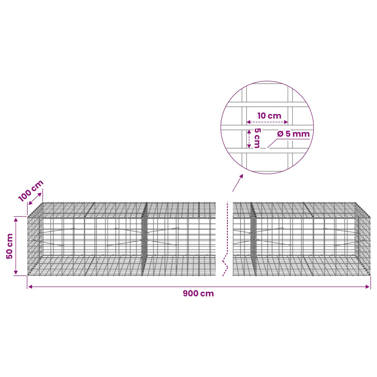 Gabion with 5 mm Wire and 5x10 cm Mesh 900x100x50 cm