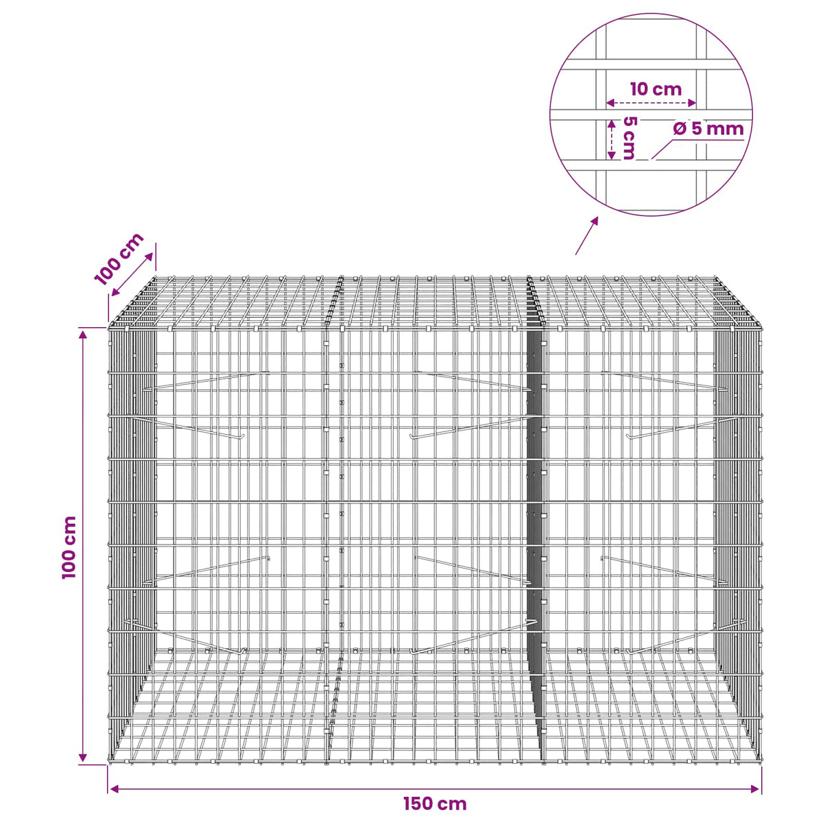 Gabion with 5 mm Wire and 5x10 cm Mesh 150x100x100 cm