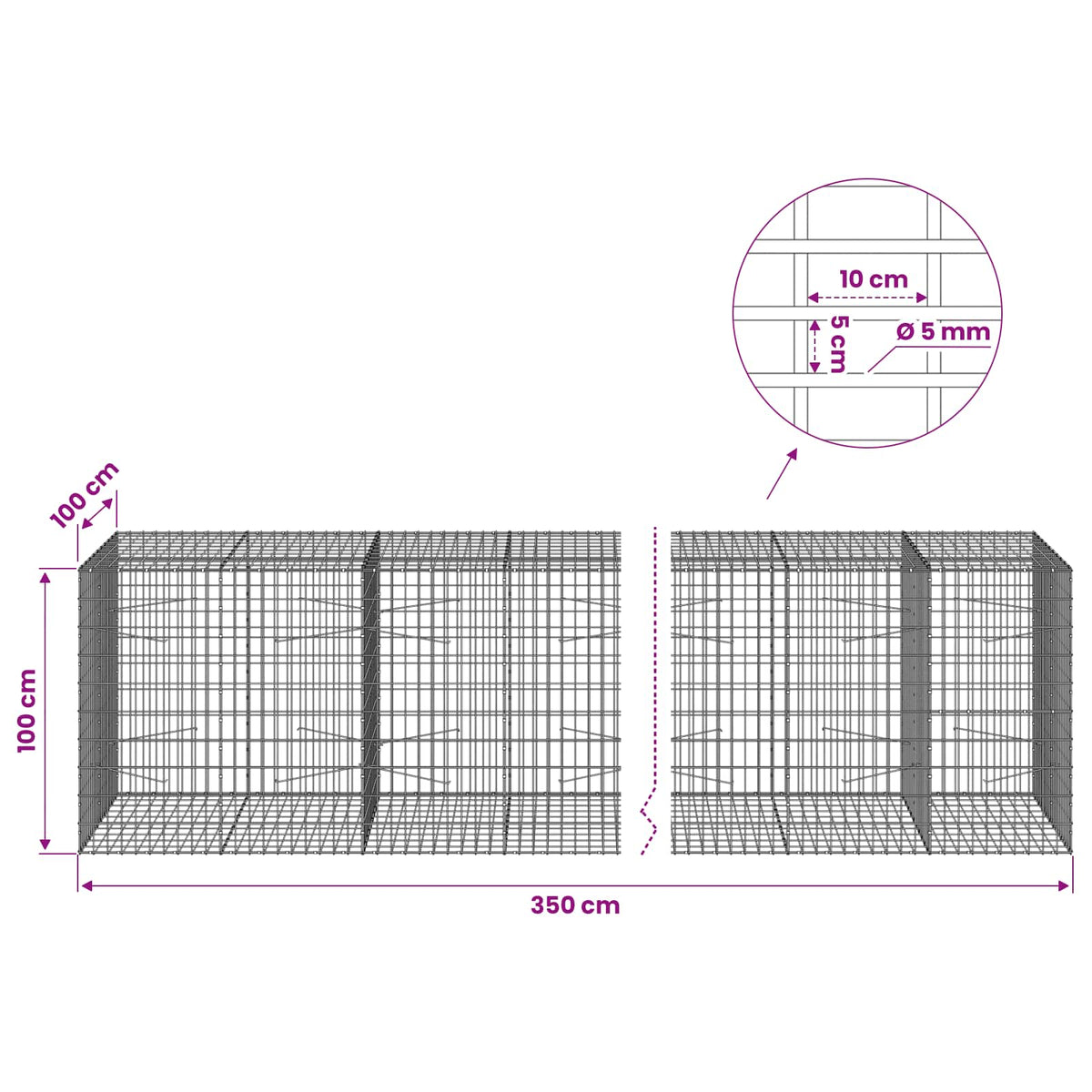 Gabion with 5 mm Wire and 5x10 cm Mesh 350x100x100 cm