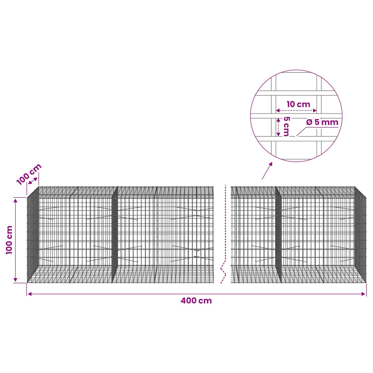 Gabion with 5 mm Wire and 5x10 cm Mesh 400x100x100 cm