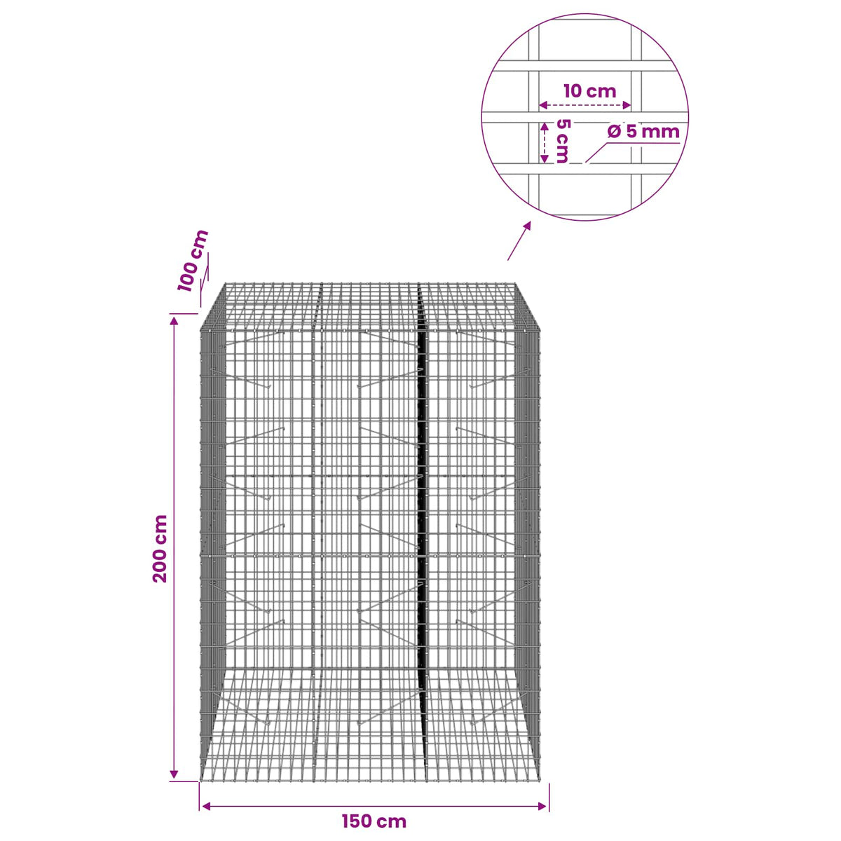 Gabion with 5 mm Wire and 5x10 cm Mesh 150x100x200 cm