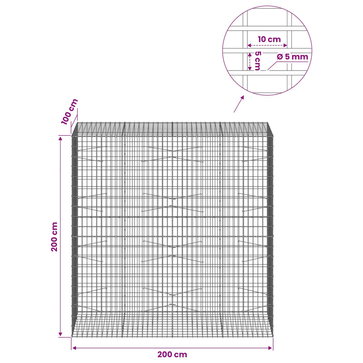 Gabion with 5 mm Wire and 5x10 cm Mesh 200x100x200 cm