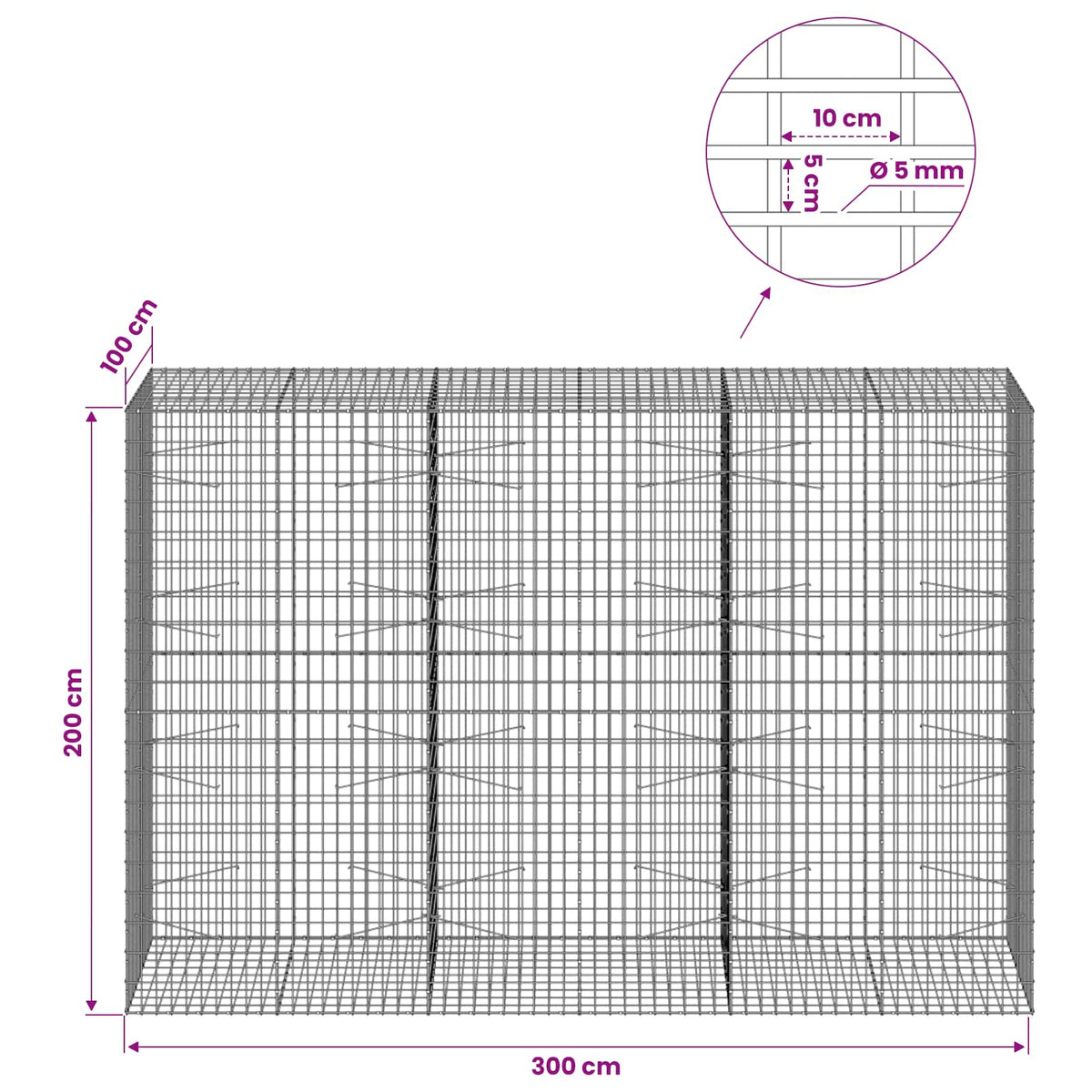 Gabion with 5 mm Wire and 5x10 cm Mesh 300x100x200 cm
