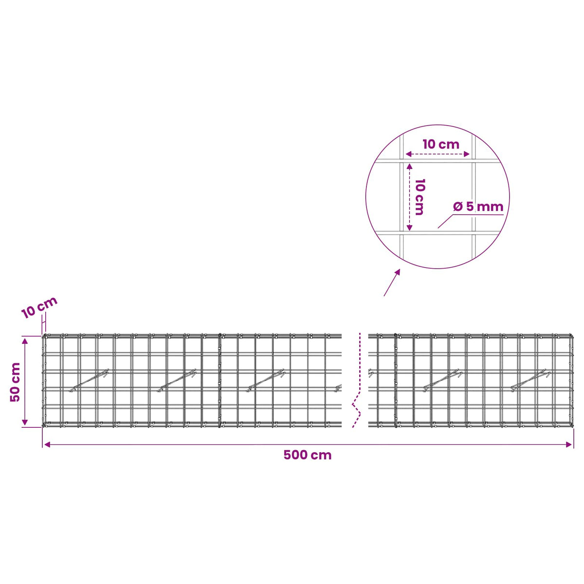 Gabion with 5 mm Wire and 10x10 cm Mesh 500x10x50 cm