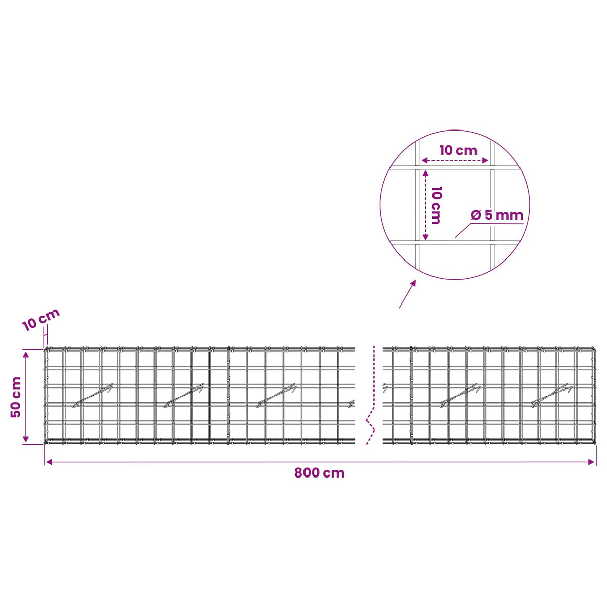Gabion with 5 mm Wire and 10x10 cm Mesh 800x10x50 cm