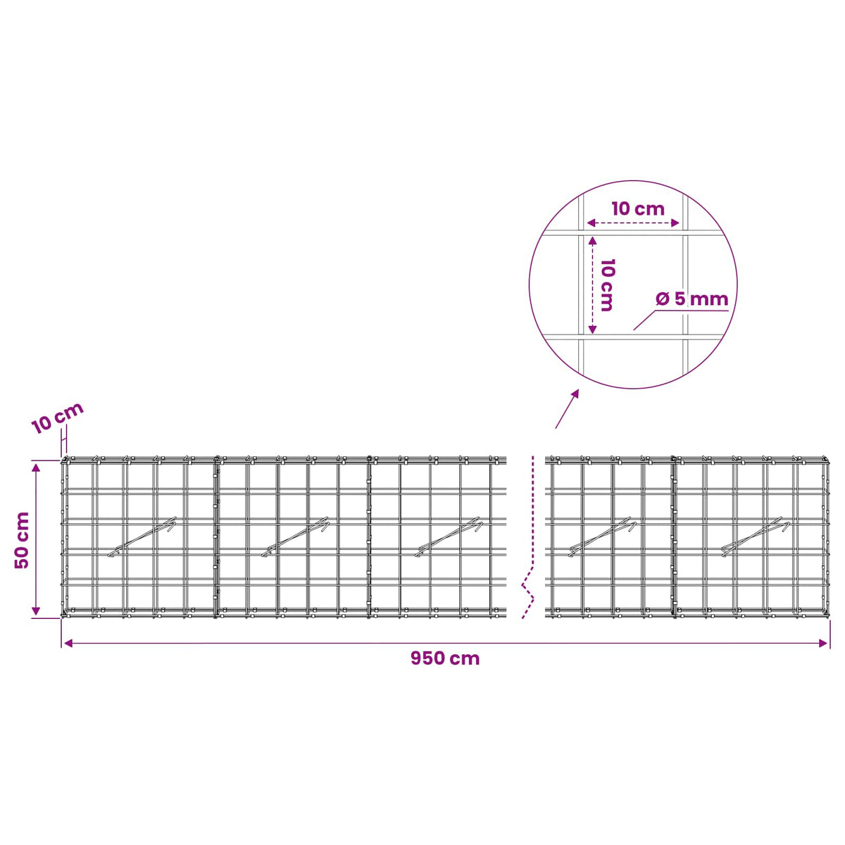 Gabion with 5 mm Wire and 10x10 cm Mesh 950x10x50 cm