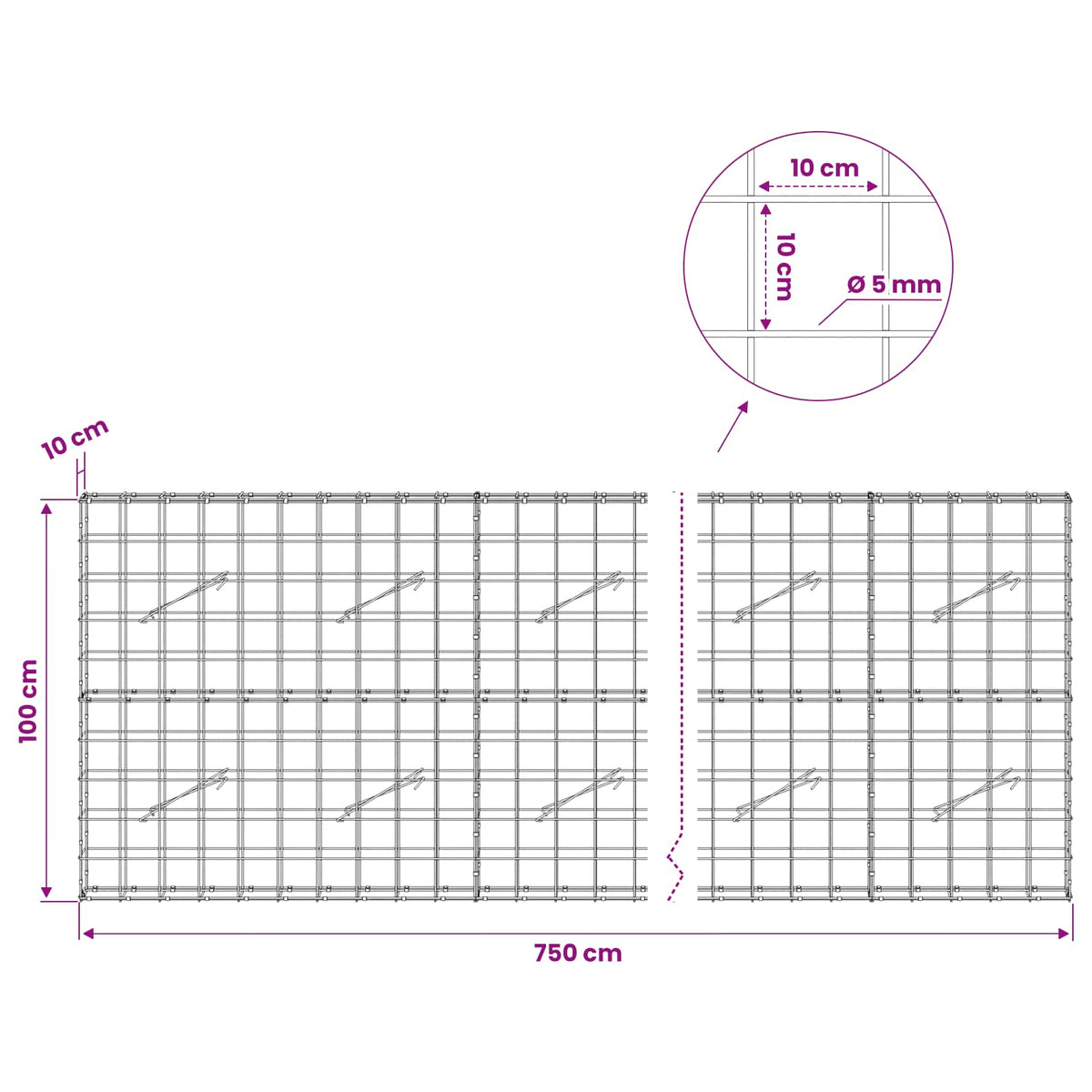 Gabion with 5 mm Wire and 10x10 cm Mesh 750x10x100 cm