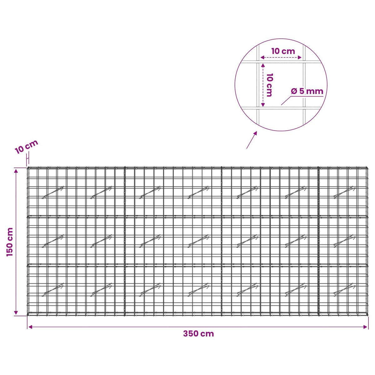 Gabion with 5 mm Wire and 10x10 cm Mesh 350x10x150 cm