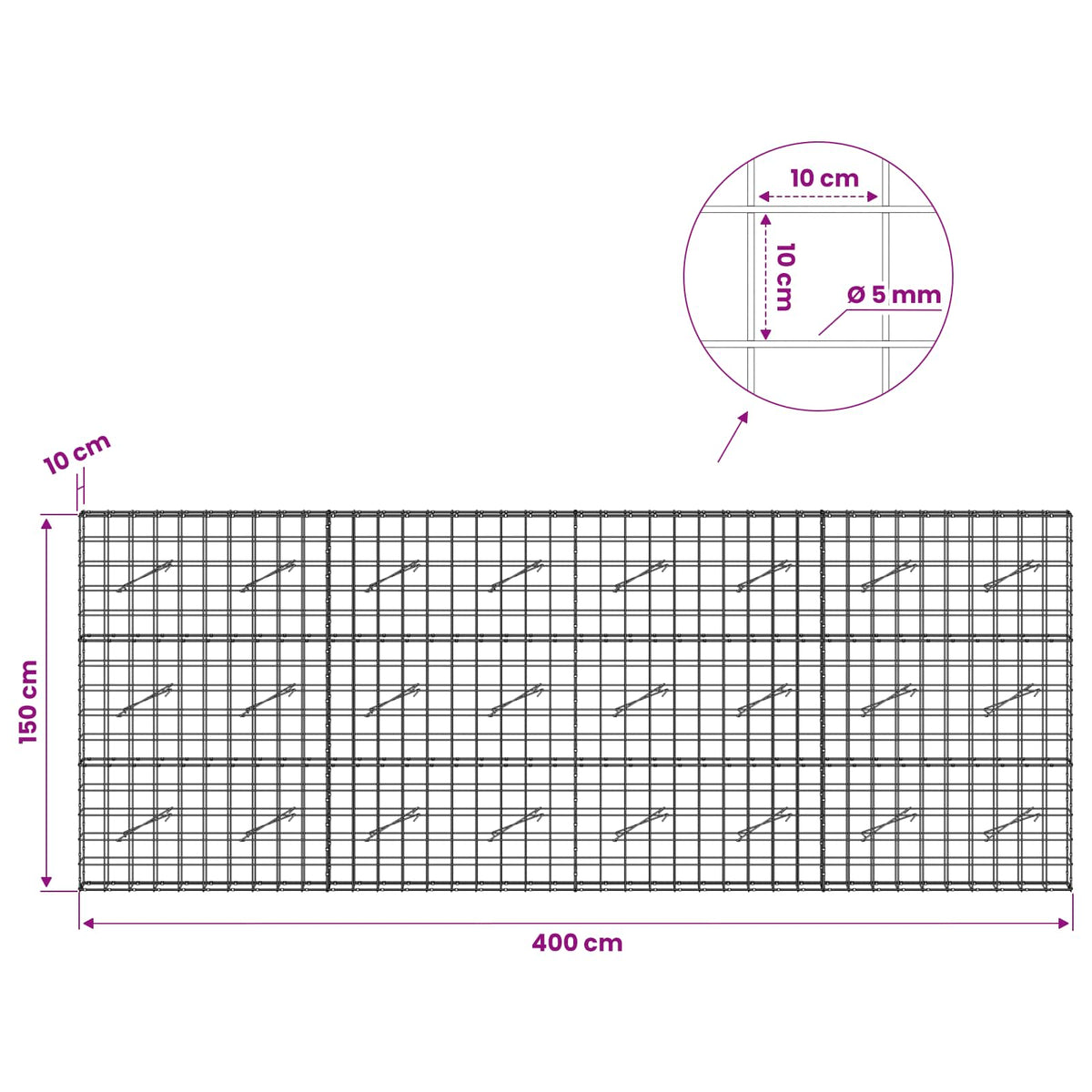 Gabion with 5 mm Wire and 10x10 cm Mesh 400x10x150 cm
