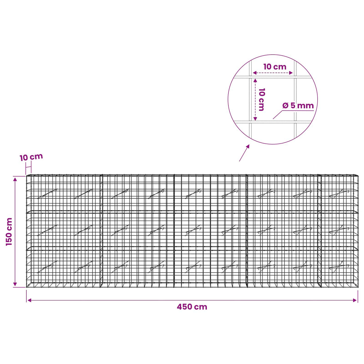 Gabion with 5 mm Wire and 10x10 cm Mesh 450x10x150 cm