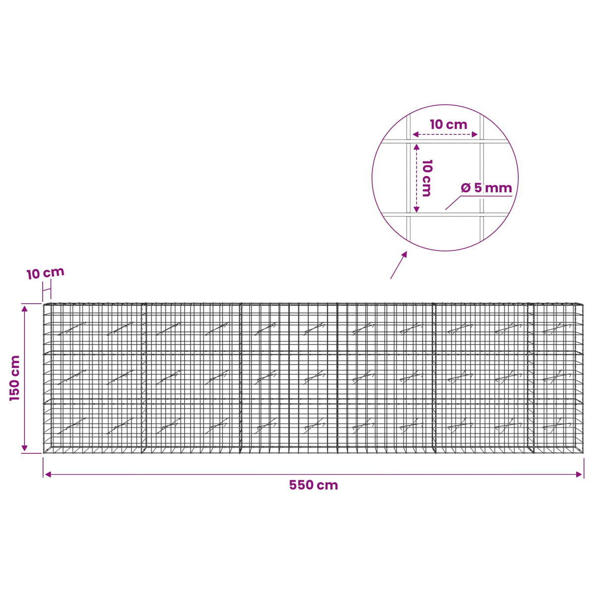 Gabion with 5 mm Wire and 10x10 cm Mesh 550x10x150 cm