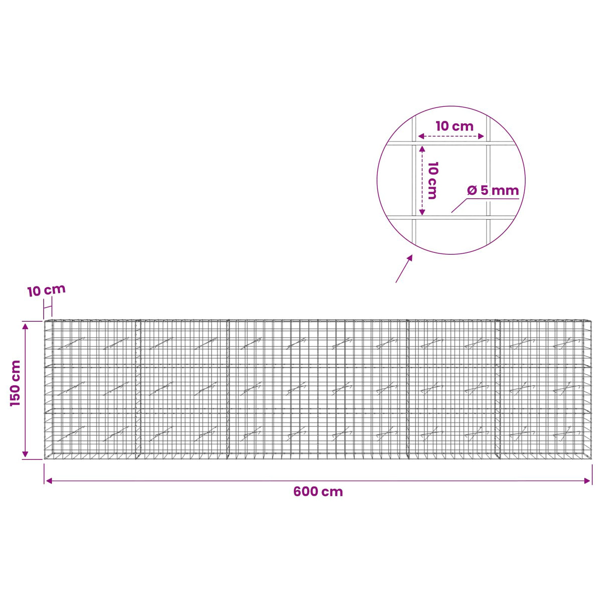Gabion with 5 mm Wire and 10x10 cm Mesh 600x10x150 cm
