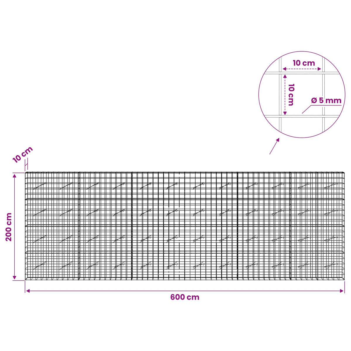Gabion with 5 mm Wire and 10x10 cm Mesh 600x10x200 cm