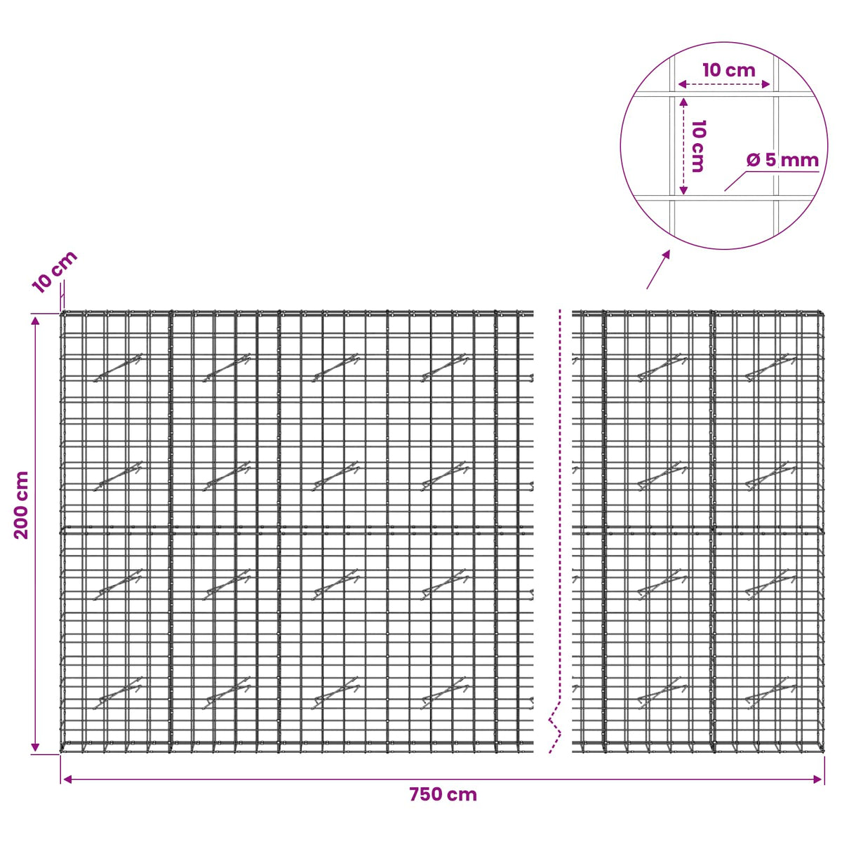 Gabion with 5 mm Wire and 10x10 cm Mesh 750x10x200 cm