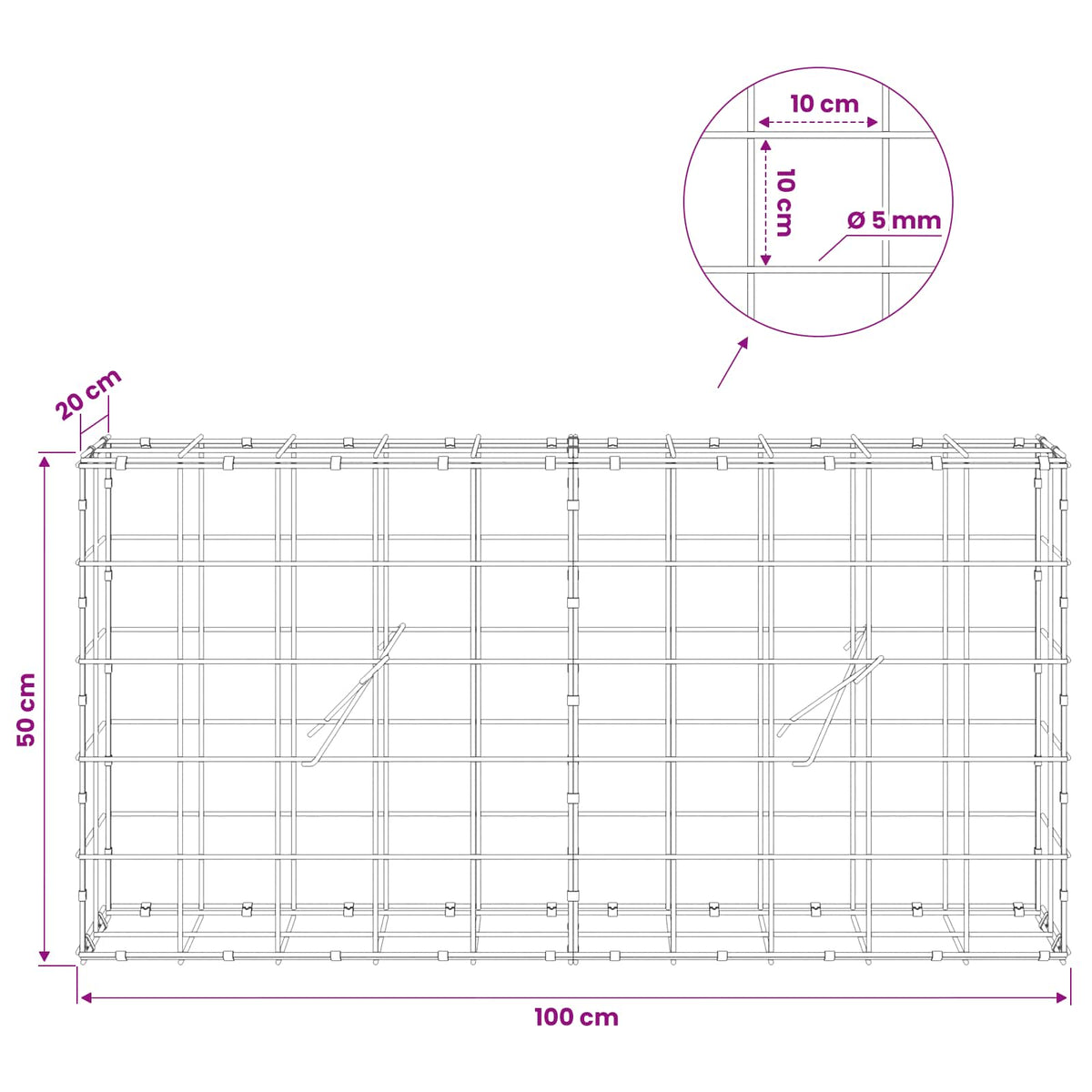 Gabion with 5 mm Wire and 10x10 cm Mesh 100x20x50 cm